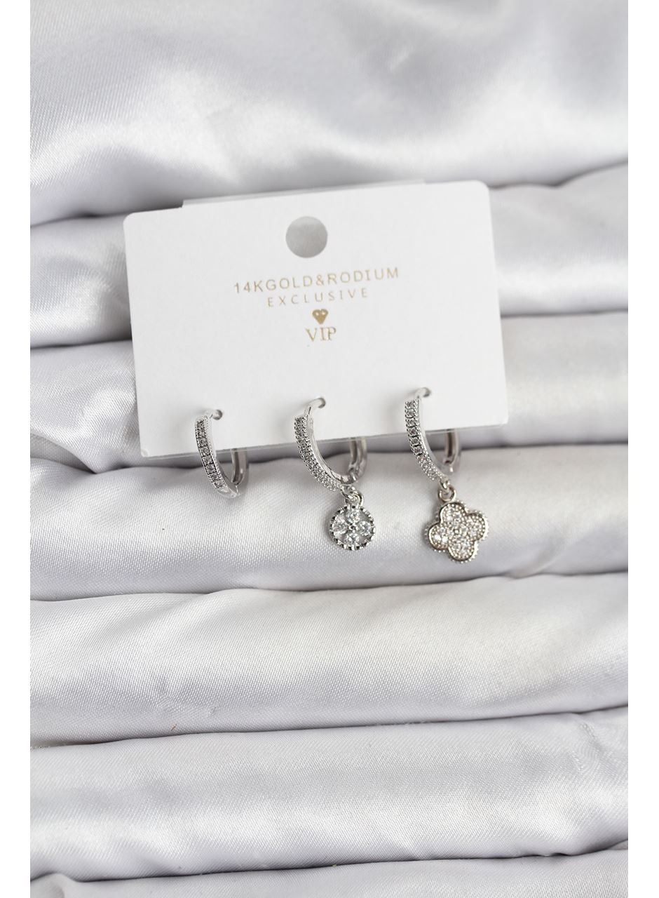 Pirinç Gümüş Renk Yonca Model 3'lü Kadın Küpe Seti