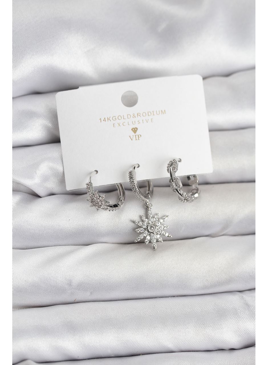 Pirinç Gümüş Renk Kutup Yıldızı Model 3'lü Kadın Küpe Seti