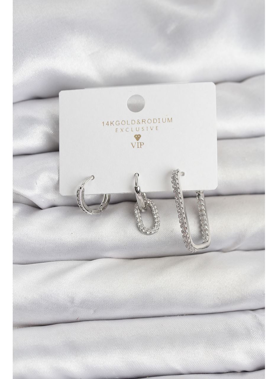 Gümüş Renk Zirkon Taşlı 3'lü Kadın Küpe Seti