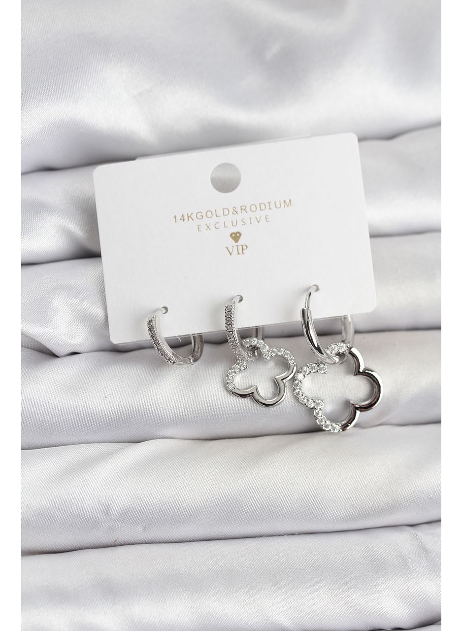 Yonca Model Gümüş Renk Pirinç 3'lü Kadın Küpe Seti