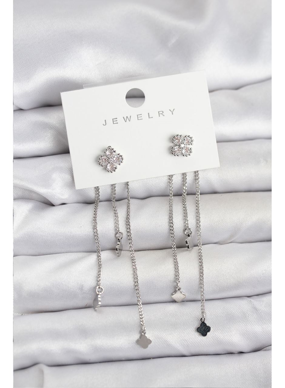 Pirinç Gümüş Renk Yonca Model Sallantılı Kadın Küpe