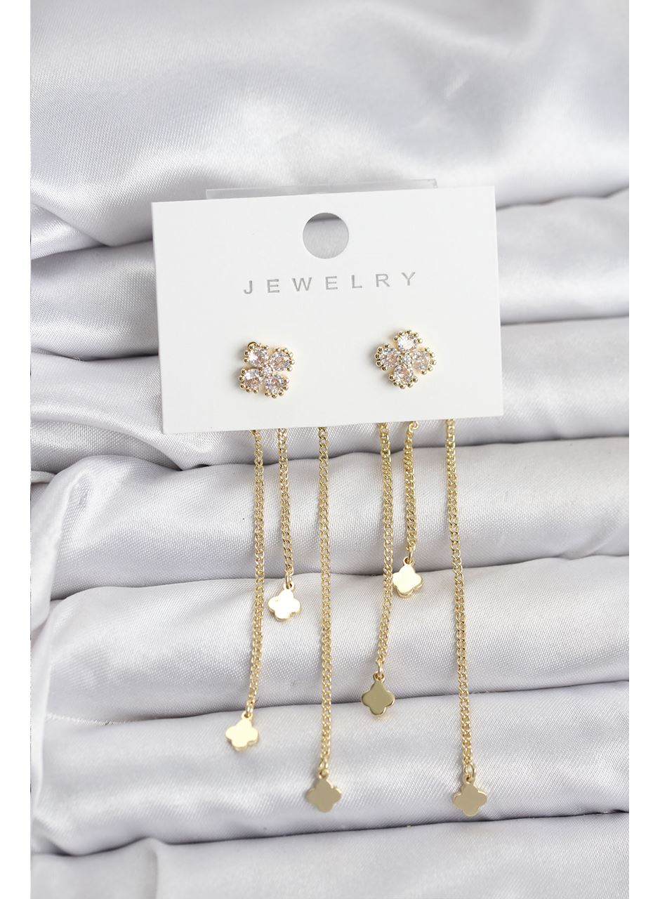 Pirinç Gold Renk Yonca Model Sallantılı Kadın Küpe