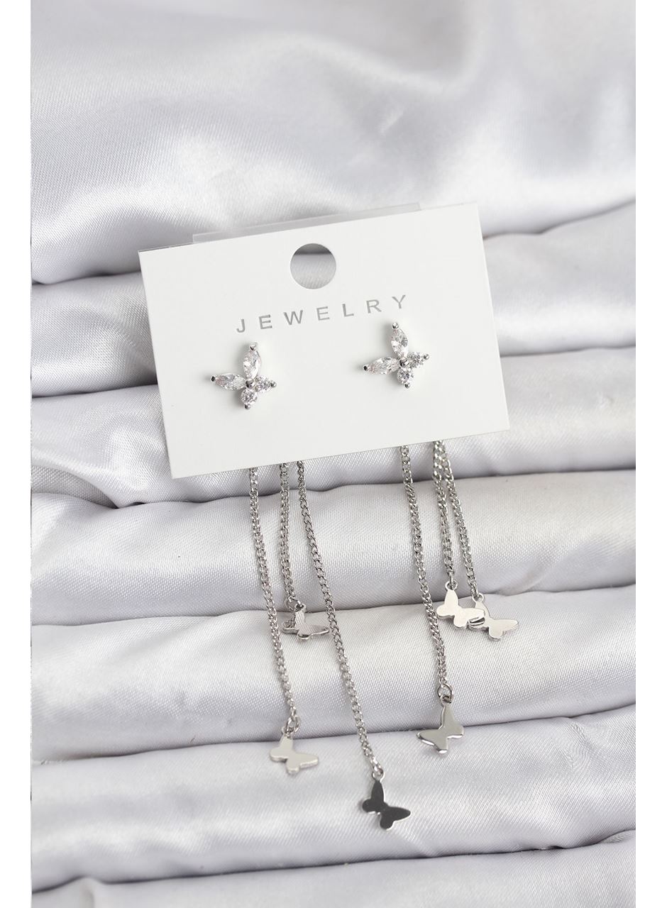 Kelebek Model Gümüş Renk Pirinç Sallantılı Kadın Küpe