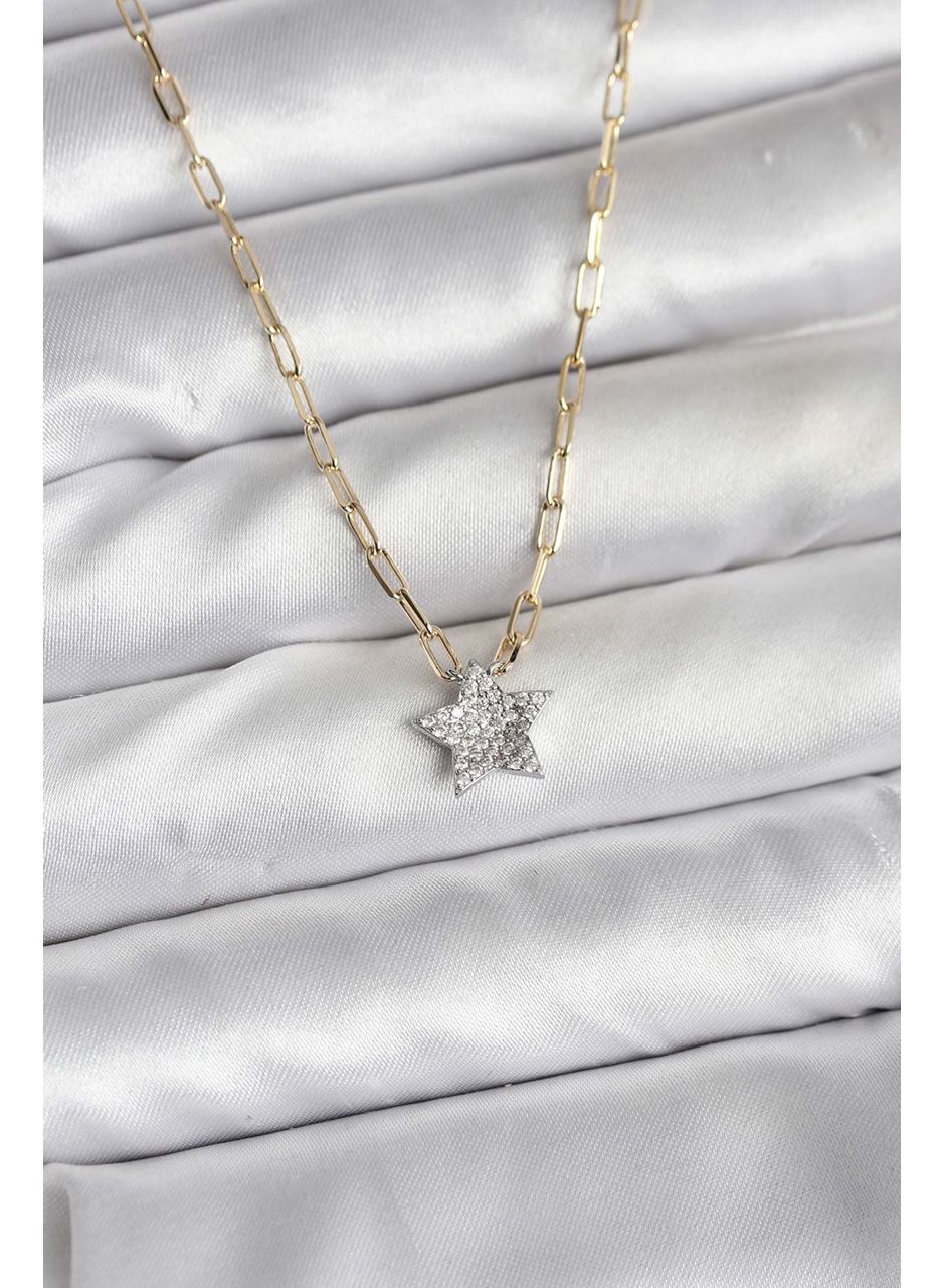 Pirinç Gold Renk Zincirli Zirkon Taşlı Minimal Yıldız Model Kadın Kolye