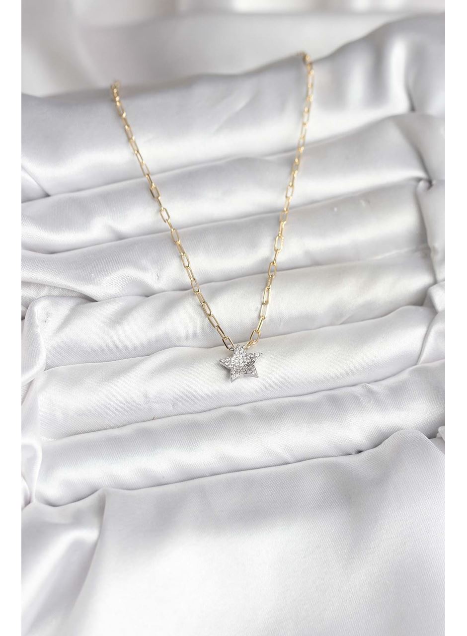 Pirinç Gold Renk Zincirli Zirkon Taşlı Minimal Yıldız Model Kadın Kolye