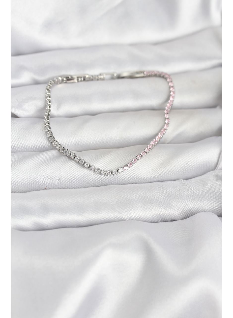 Pembe ve Beyaz Zirkon Taşlı Gümüş Renk Su Yolu Kadın Bileklik