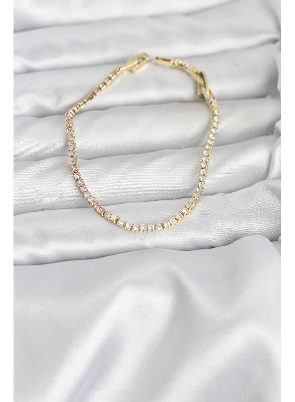Pembe ve Beyaz Zirkon Taşlı Gold Renk Su Yolu Kadın Bileklik