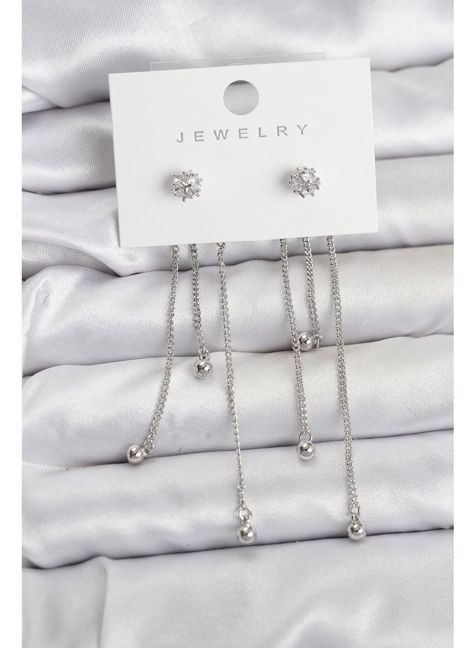 Topçuk Model Gümüş Renk Pirinç Sallantılı Kadın Küpe Seti