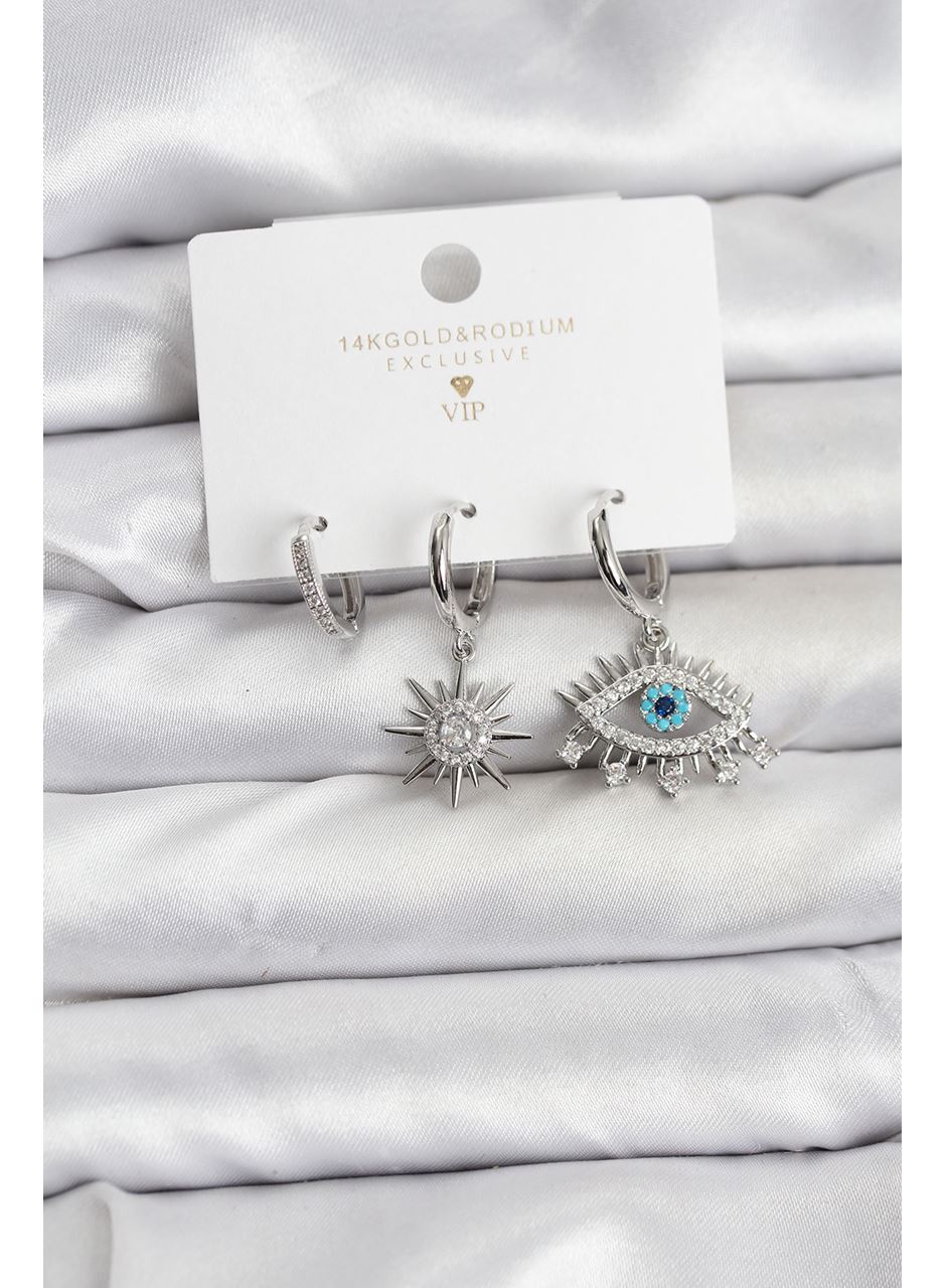 Göz Model Gümüş Renk Pirinç 3'lü Kadın Küpe Seti