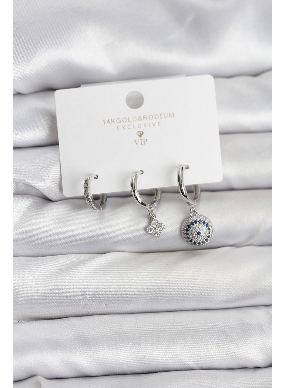 Nazar Model Gümüş Renk Pirinç 3'lü Kadın Küpe Seti