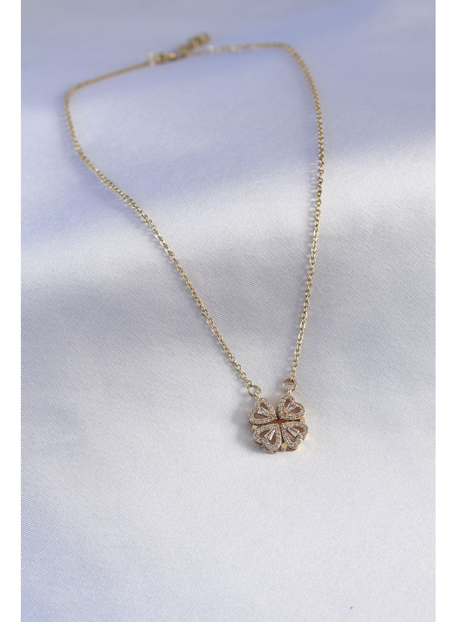 316L Çelik Gold Renk Açılır Zirkon Taşlı Yonca Model Kadın Kolye