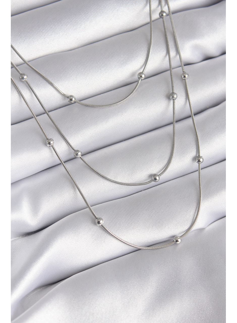 316L Çelik Gümüş Renk 3'lü Topçuk Detay Kadın Kolye