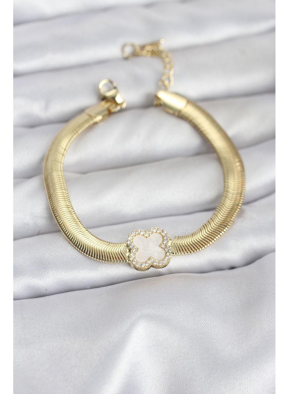 316L Çelik Gold Renk Beyaz Yonca Model Zirkon Taşlı Yılan Zincirli Kadın Bileklik