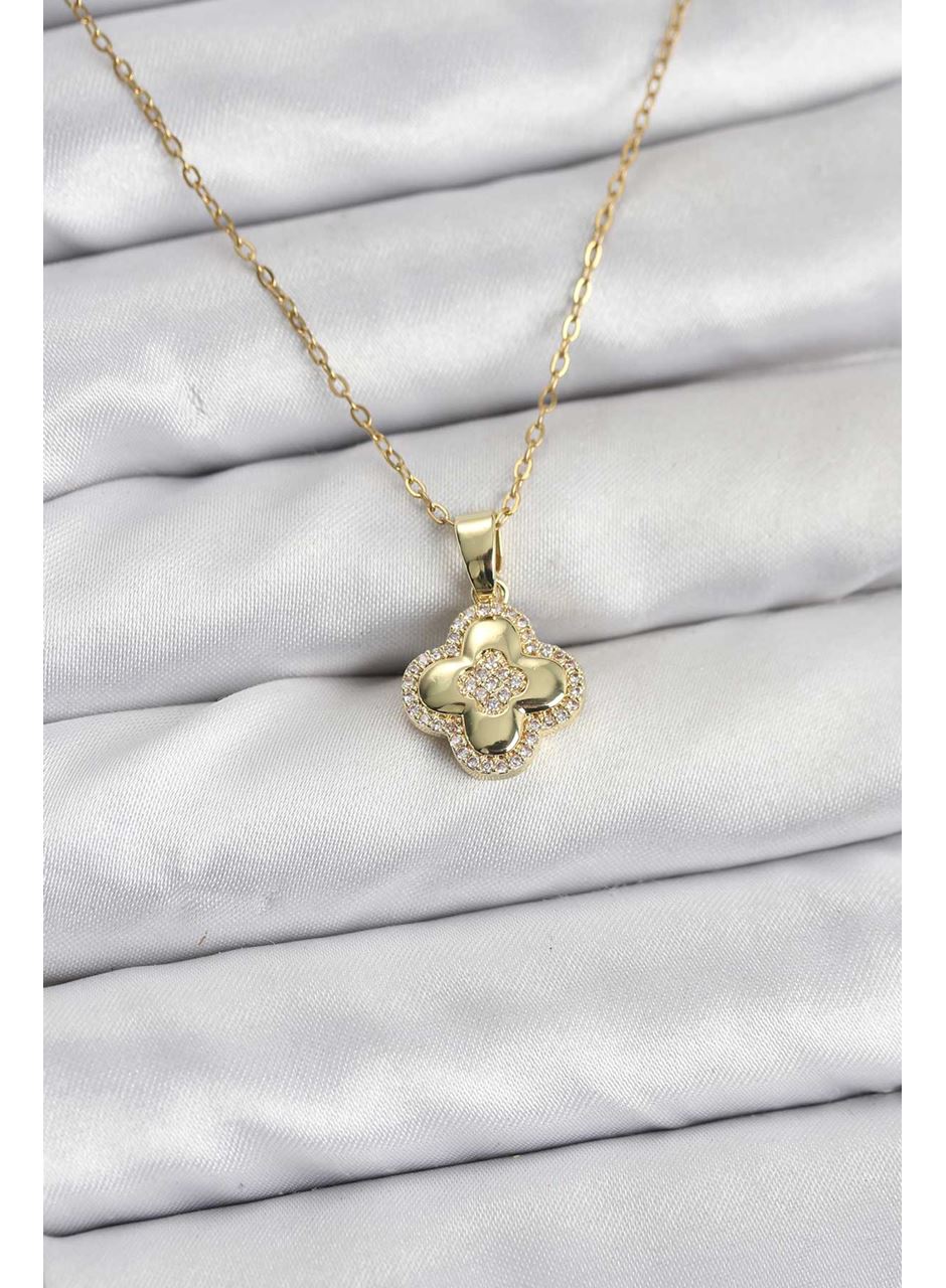 316L Çelik Zincir Gold Renk Zirkon Taşlı Yonca Model Kadın Kolye