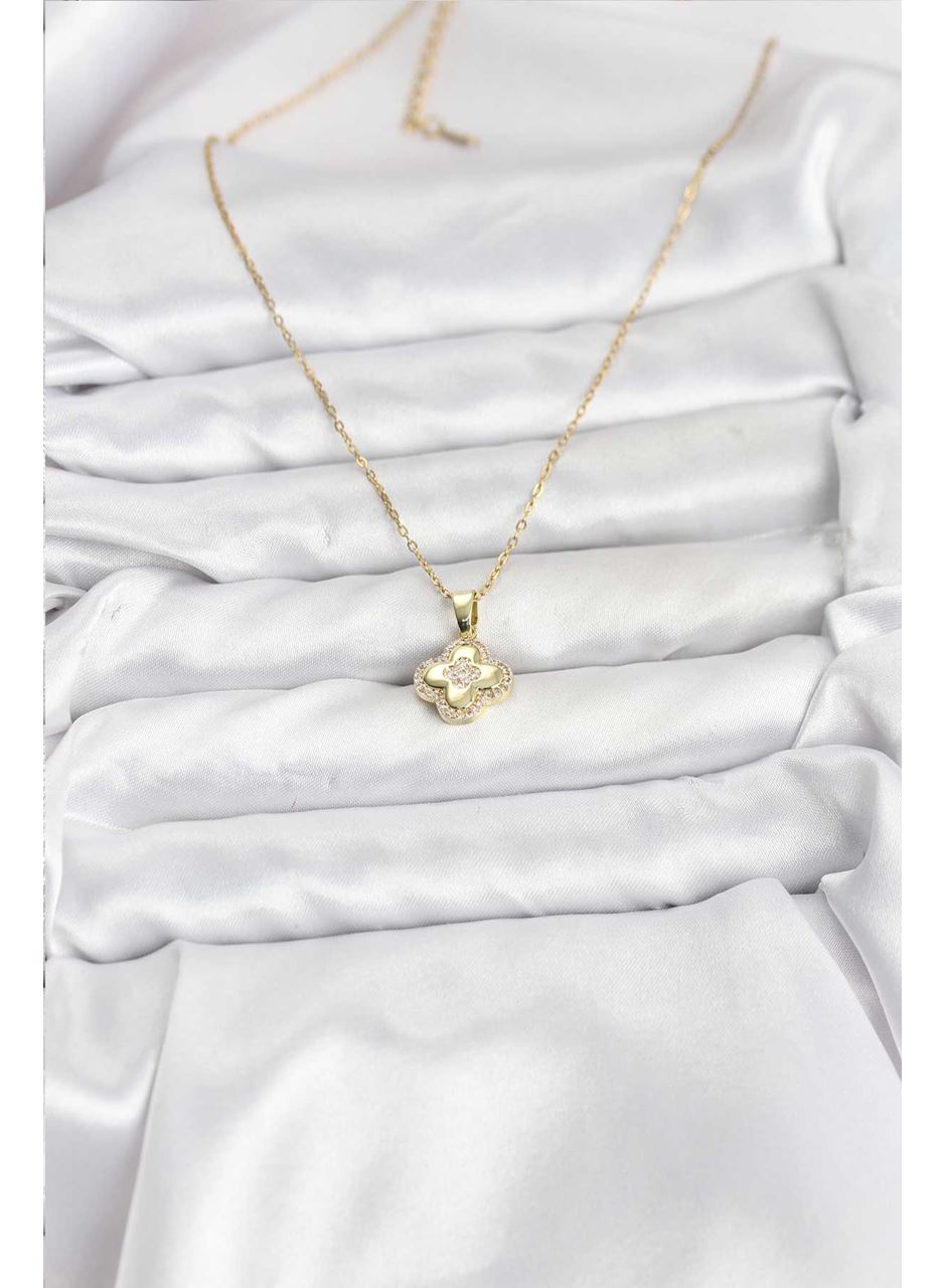 316L Çelik Zincir Gold Renk Zirkon Taşlı Yonca Model Kadın Kolye