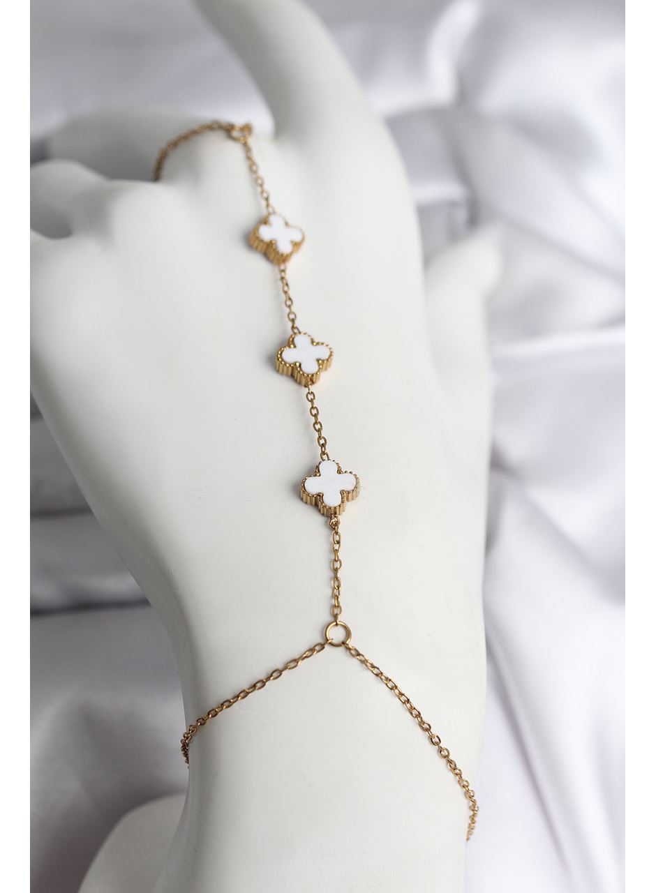 316L Çelik Gold Renk Beyaz Yonca Model Kadın Şahmeran