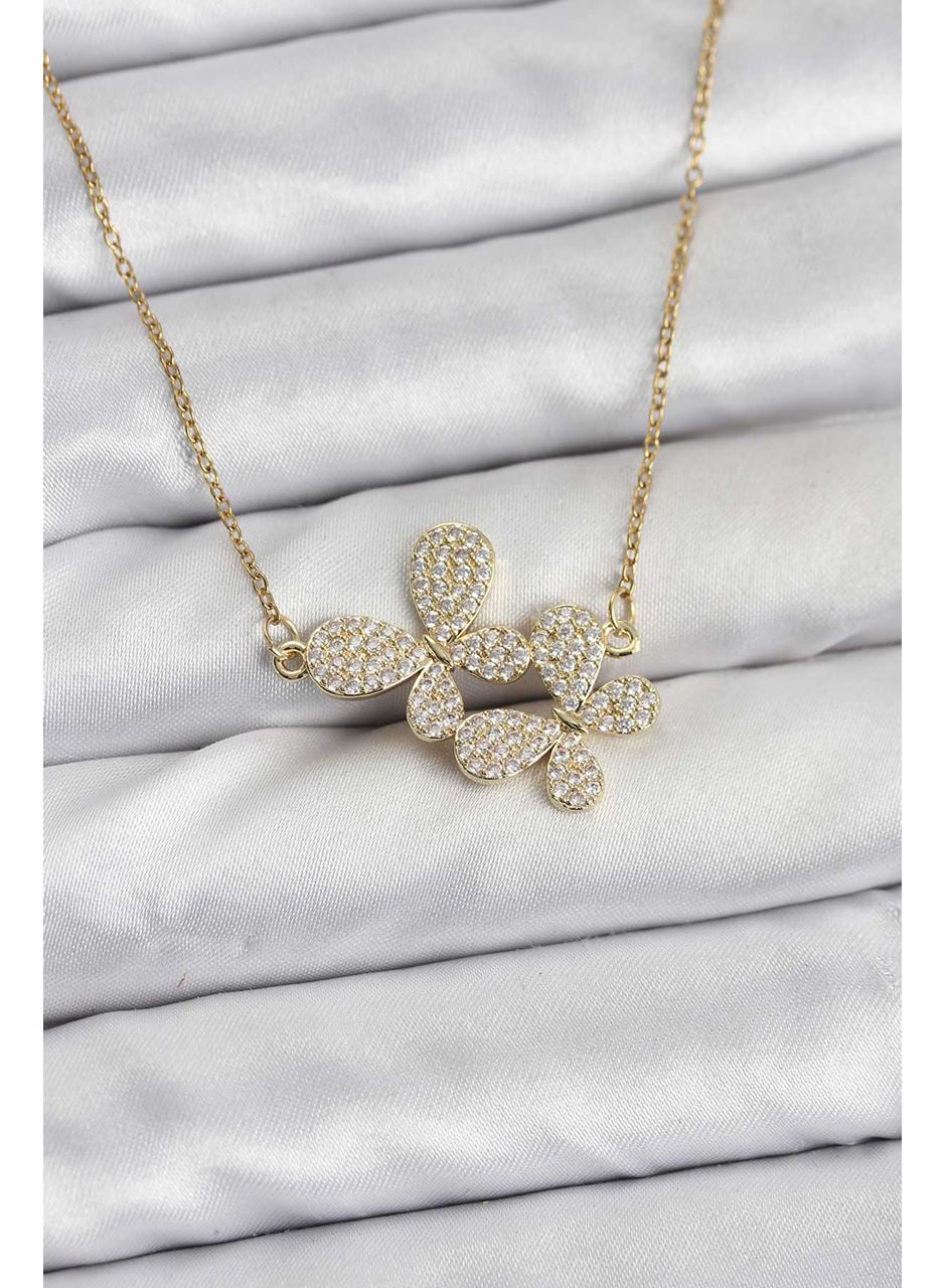 316L Çelik Zincir Gold Renk Zirkon Taşlı Kelebek Model Kadın Kolye