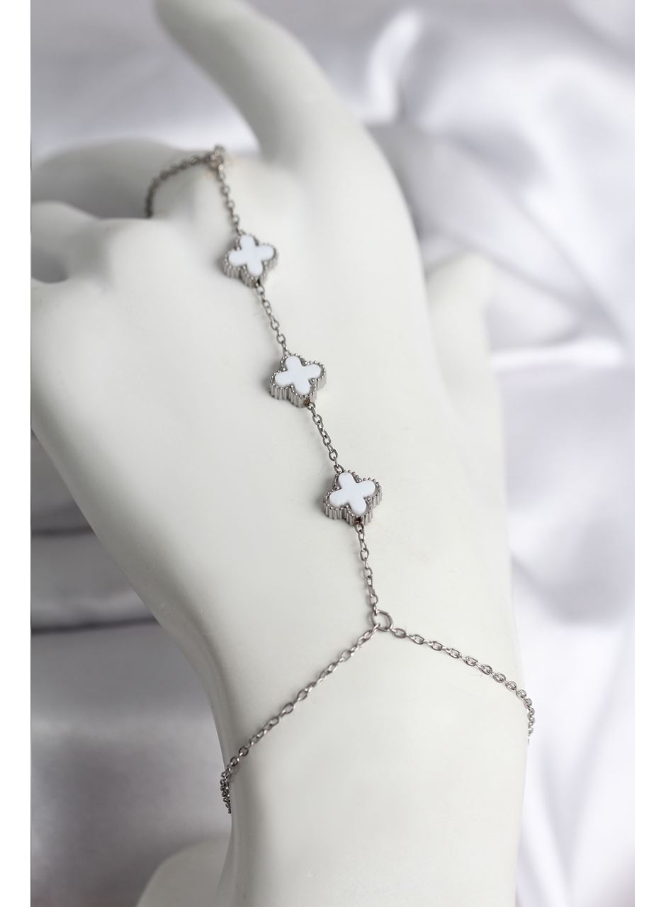 316L Çelik Gümüş Renk Beyaz Yonca Model Kadın Şahmeran