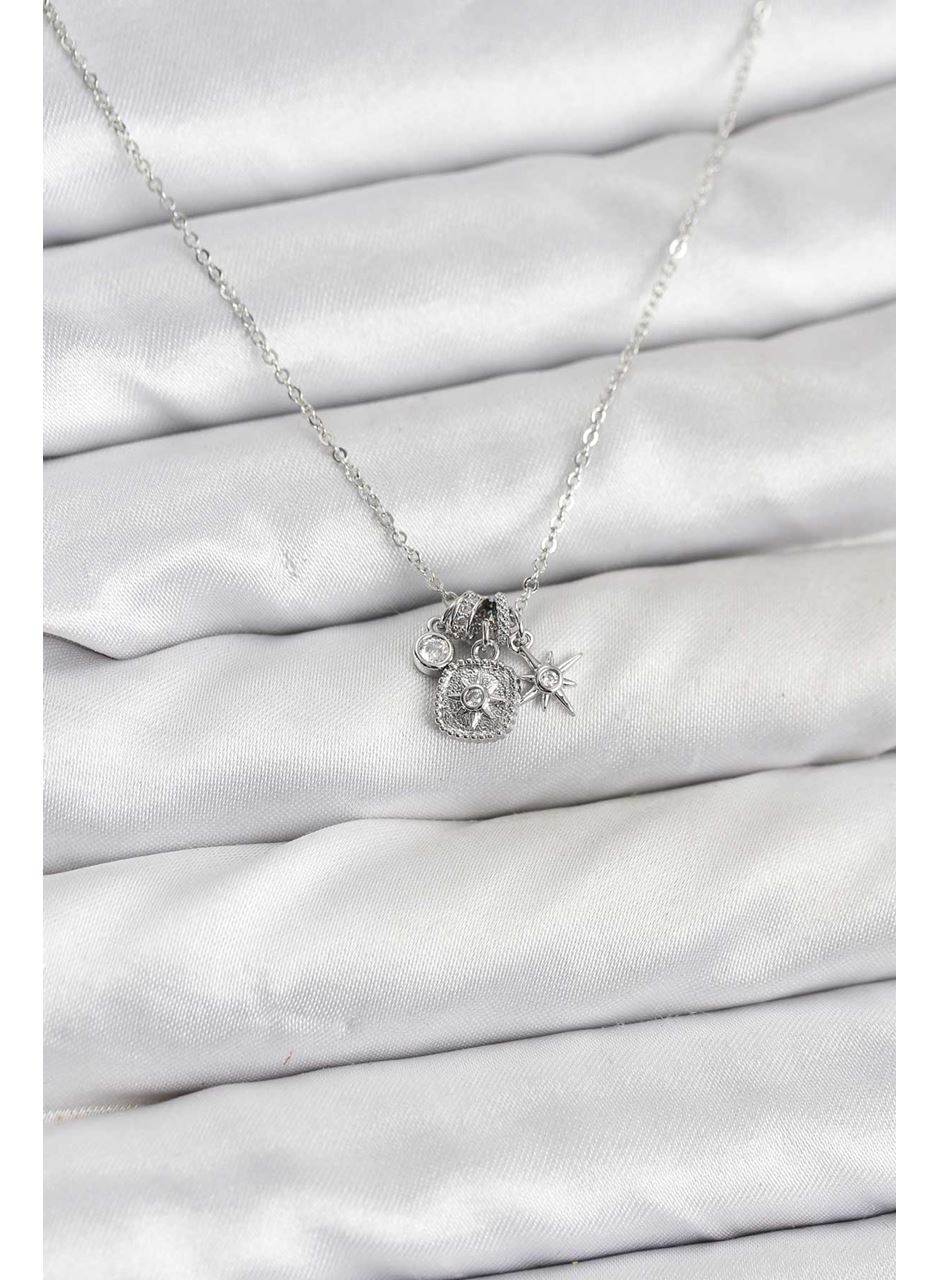 Pirinç Gümüş Renk Minimal Charmlı Kadın Kolye