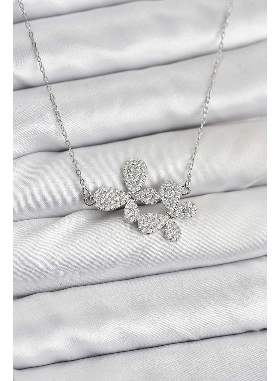 316L Çelik Zincir Gümüş Renk Zirkon Taşlı Kelebek Model Kadın Kolye