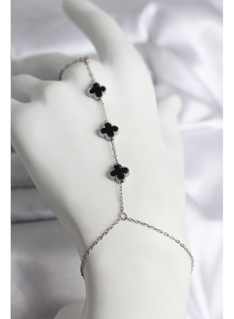 316L Çelik Gümüş Renk Siyah Yonca Model Kadın Şahmeran