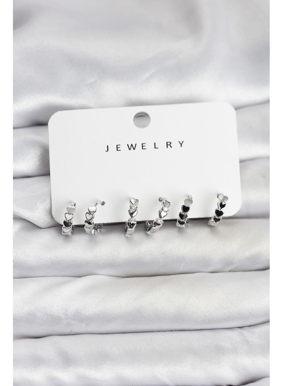 Gümüş Renk Pirinç Minimal Kalp Detaylı Kadın Küpe Seti