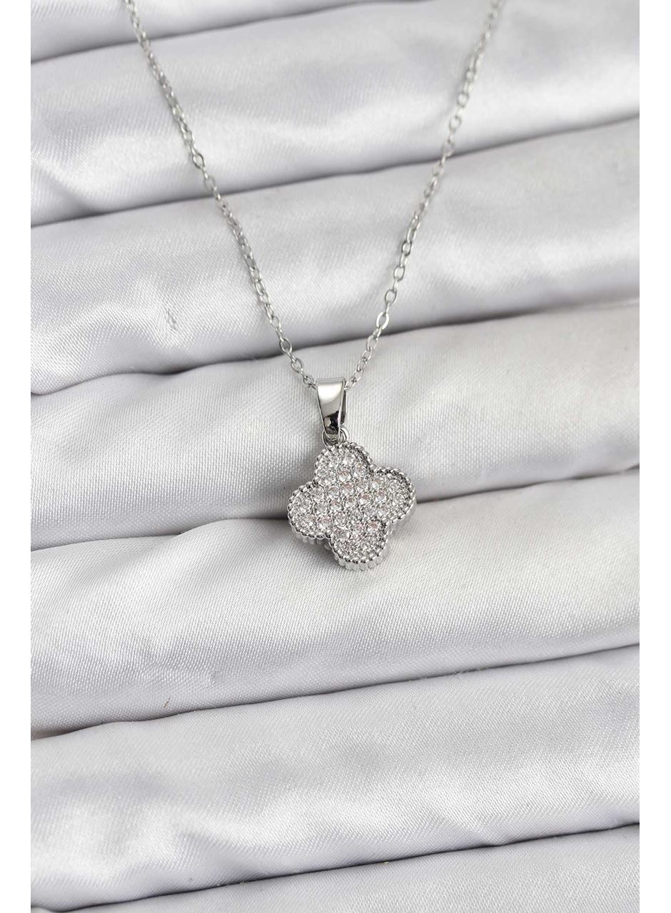 316L Çelik Zincir Gümüş Renk Zirkon Taşlı Yonca Model Kadın Kolye