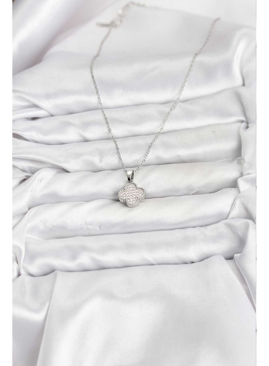 316L Çelik Zincir Gümüş Renk Zirkon Taşlı Yonca Model Kadın Kolye