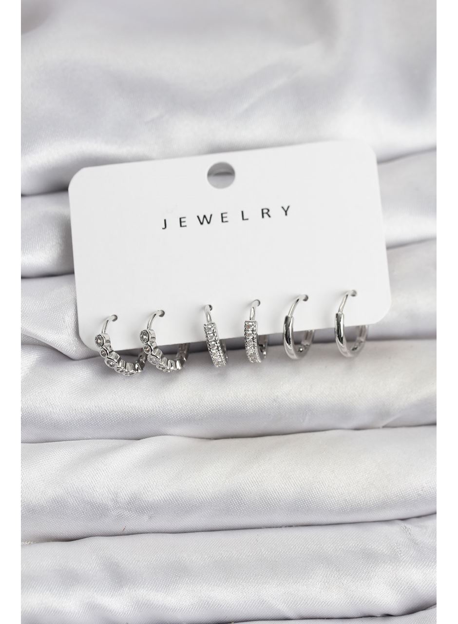 Gümüş Renk Pirinç Zirkon Taşlı Kadın Küpe Seti