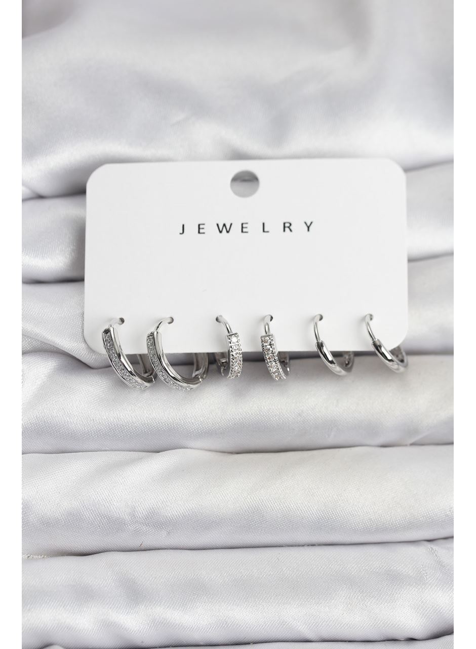 Zirkon Taşlı Gümüş Renk Pirinç Kadın Küpe Seti