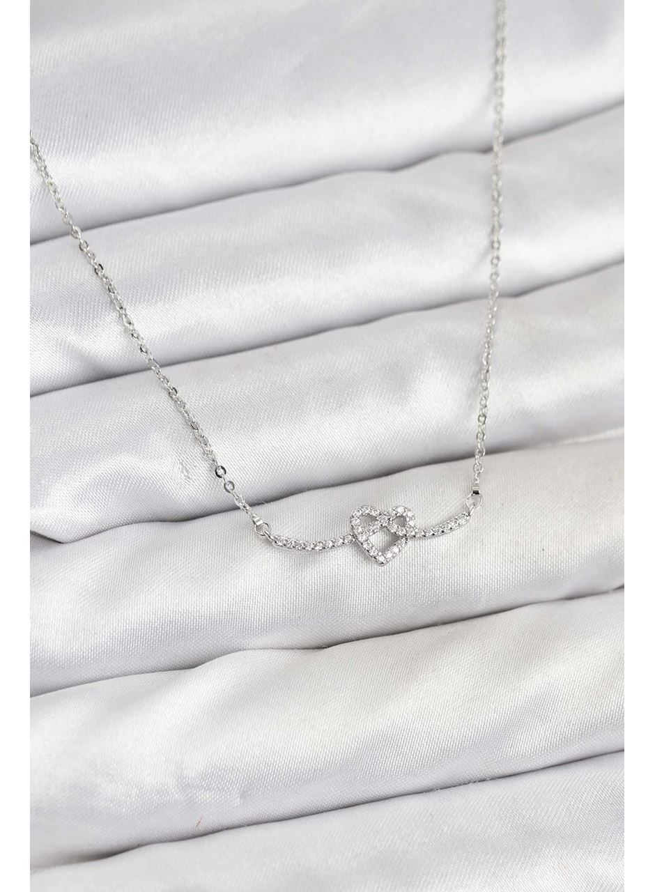 Pirinç Gümüş Renk Düğüm Kalp Model Kadın Kolye