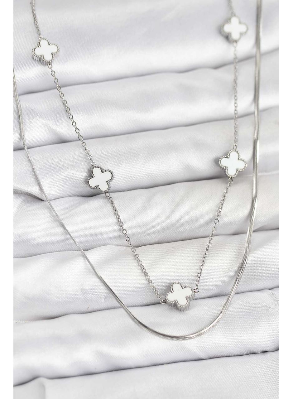 316L Çelik Zincir Gümüş Renk İtalyan Zincirli Yonca Model Kadın Kolye