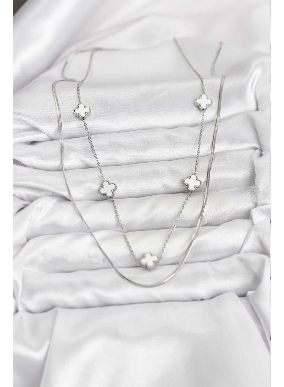 316L Çelik Zincir Gümüş Renk İtalyan Zincirli Yonca Model Kadın Kolye