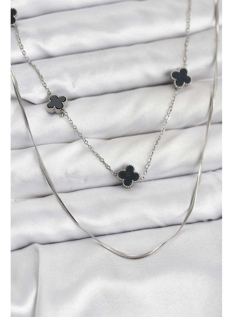 316L Çelik Zincir Gümüş Renk İtalyan Zincirli Siyah Yonca Model Kadın Kolye