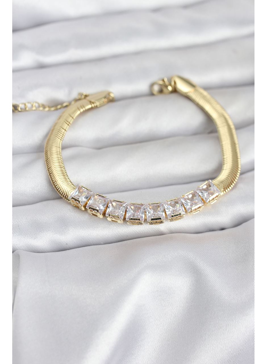 316L Çelik Gold Renk Kare Zirkon Taşlı Yılan Zincirli Kadın Bileklik