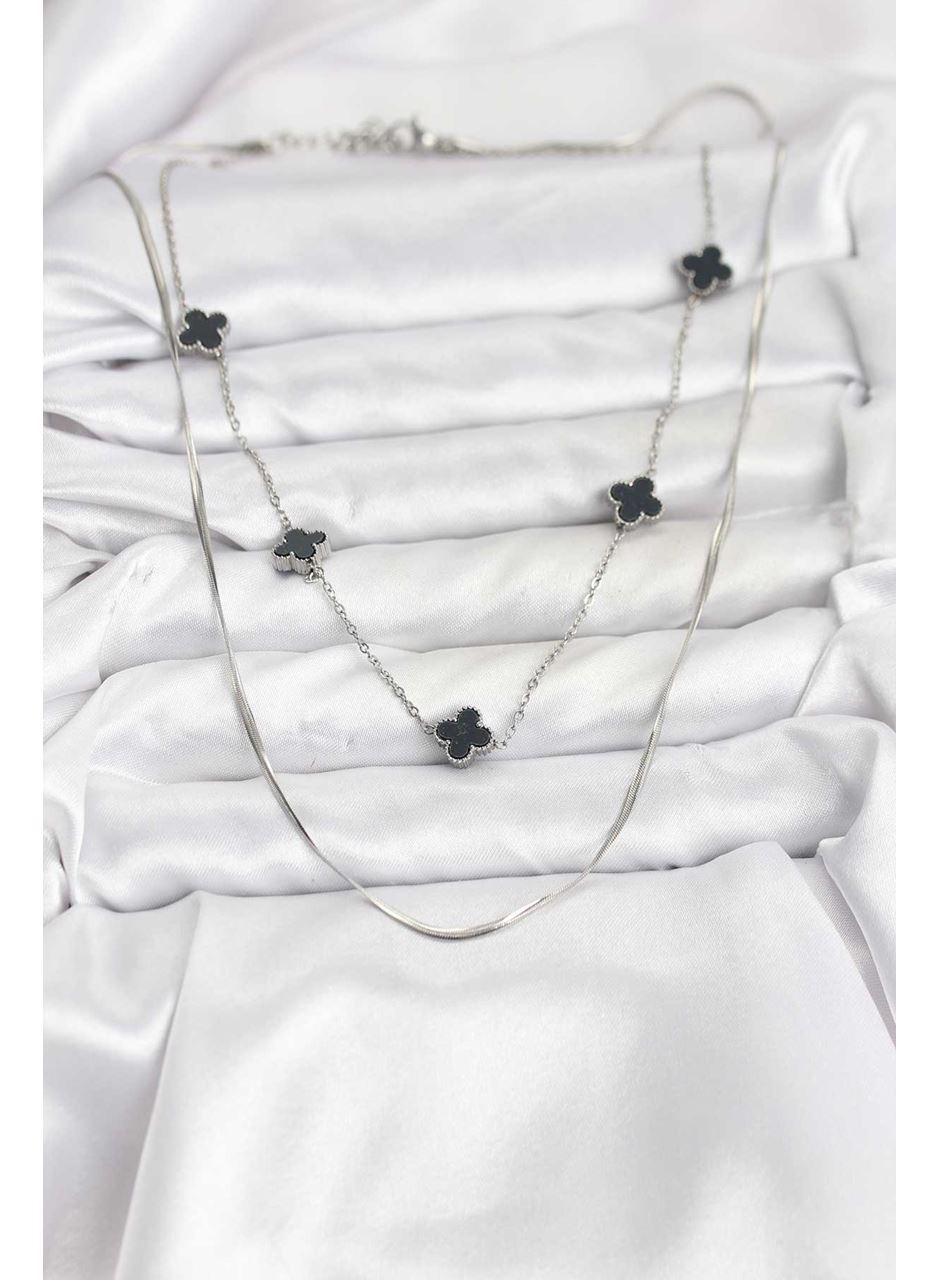 316L Çelik Zincir Gümüş Renk İtalyan Zincirli Siyah Yonca Model Kadın Kolye