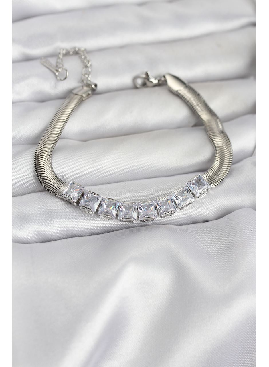 316L Çelik Gümüş Renk Kare Zirkon Taşlı Yılan Zincirli Kadın Bileklik