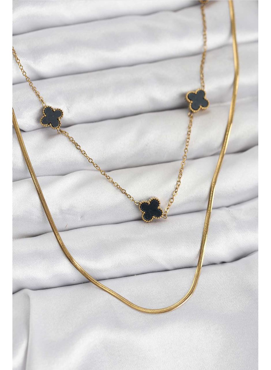 316L Çelik Zincir Gold Renk İtalyan Zincirli Siyah Yonca Model Kadın Kolye