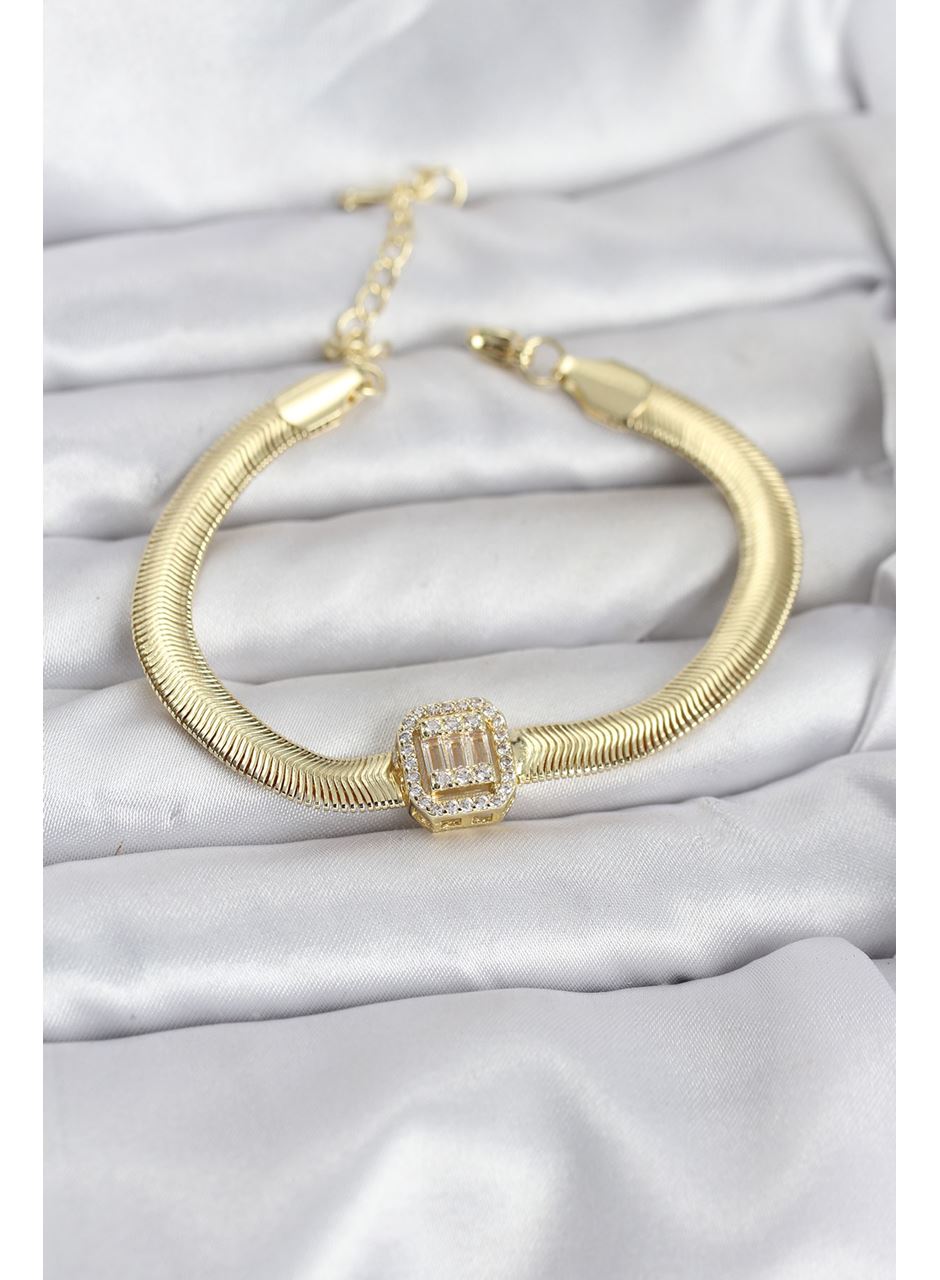 316L Çelik Gold Renk Baget Zirkon Taşlı Yılan Zincirli Kadın Bileklik