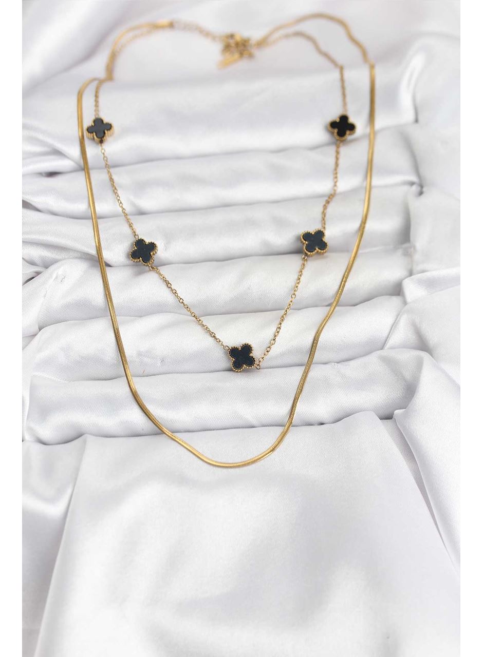 316L Çelik Zincir Gold Renk İtalyan Zincirli Siyah Yonca Model Kadın Kolye