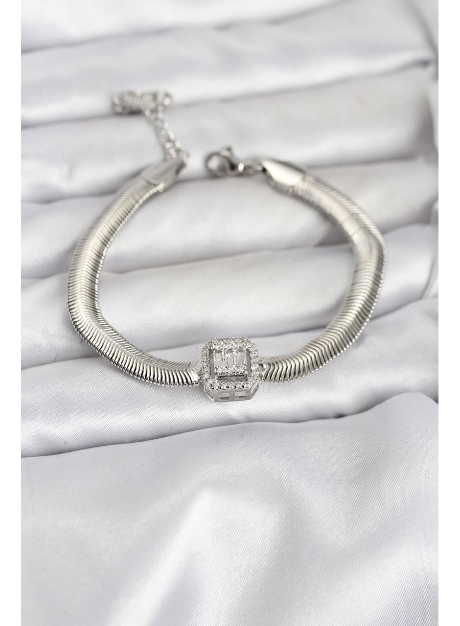 316L Çelik Gümüş Renk Baget Zirkon Taşlı Yılan Zincirli Kadın Bileklik