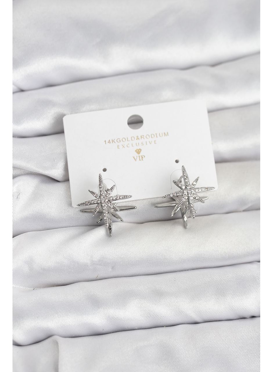 Gümüş Renk Pirinç Çift Taraflı Kutup Yıldızı Kadın Küpe