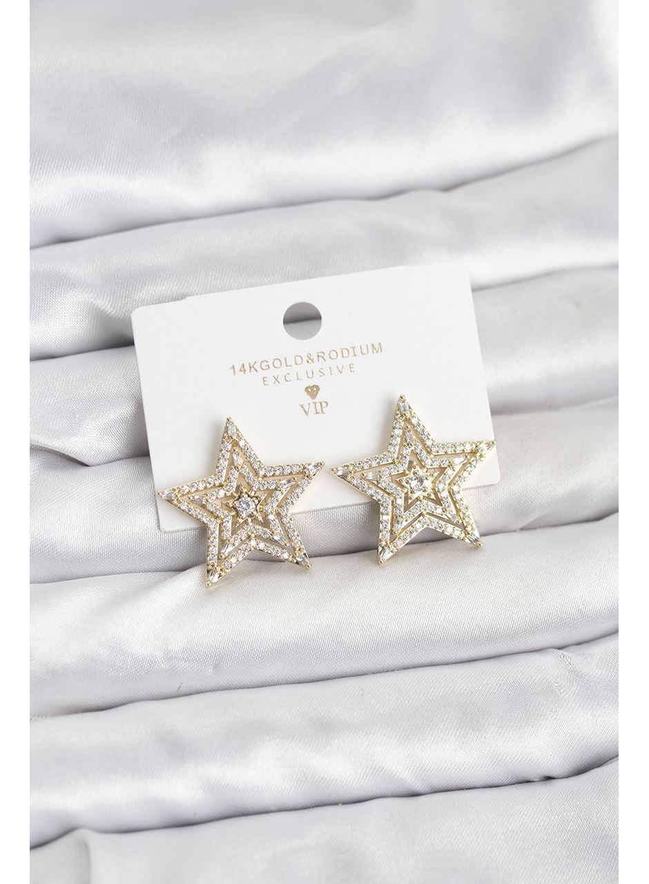 Gold Renk Pirinç Zirkon Taşlı Yıldız Model Kadın Küpe