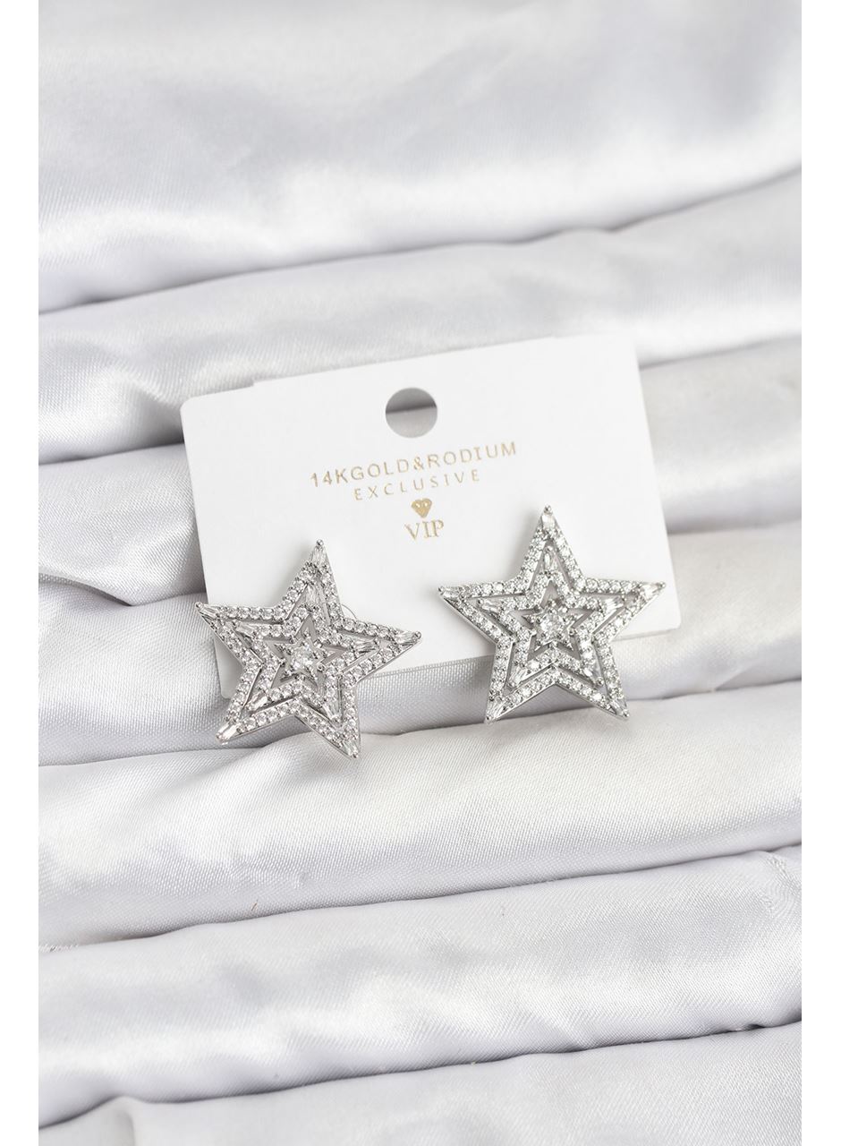 Gümüş Renk Pirinç Zirkon Taşlı Yıldız Model Kadın Küpe