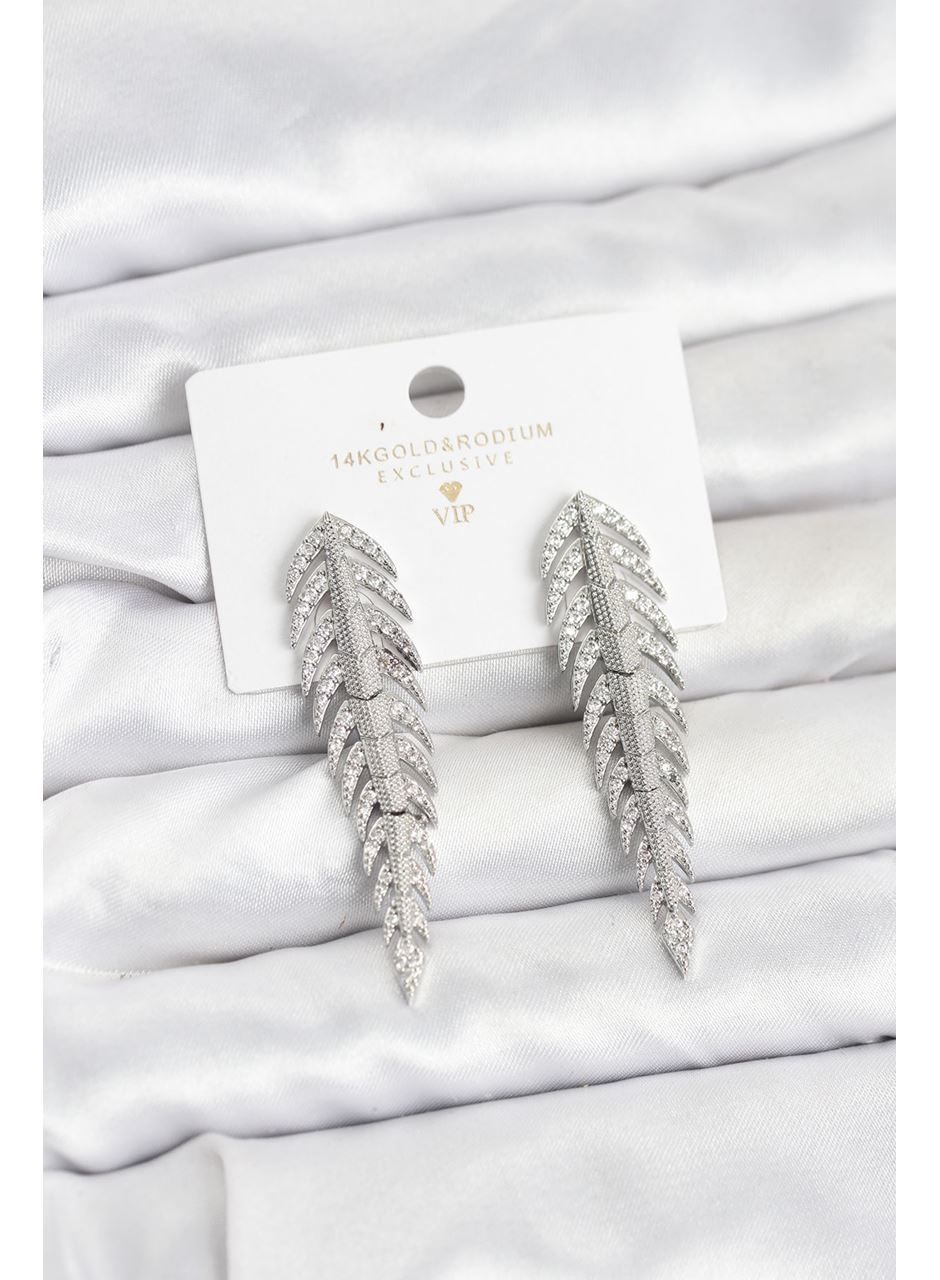 Pirinç Gümüş Renk Balık Sırtı Model Zirkon Taşlı Kadın Küpe