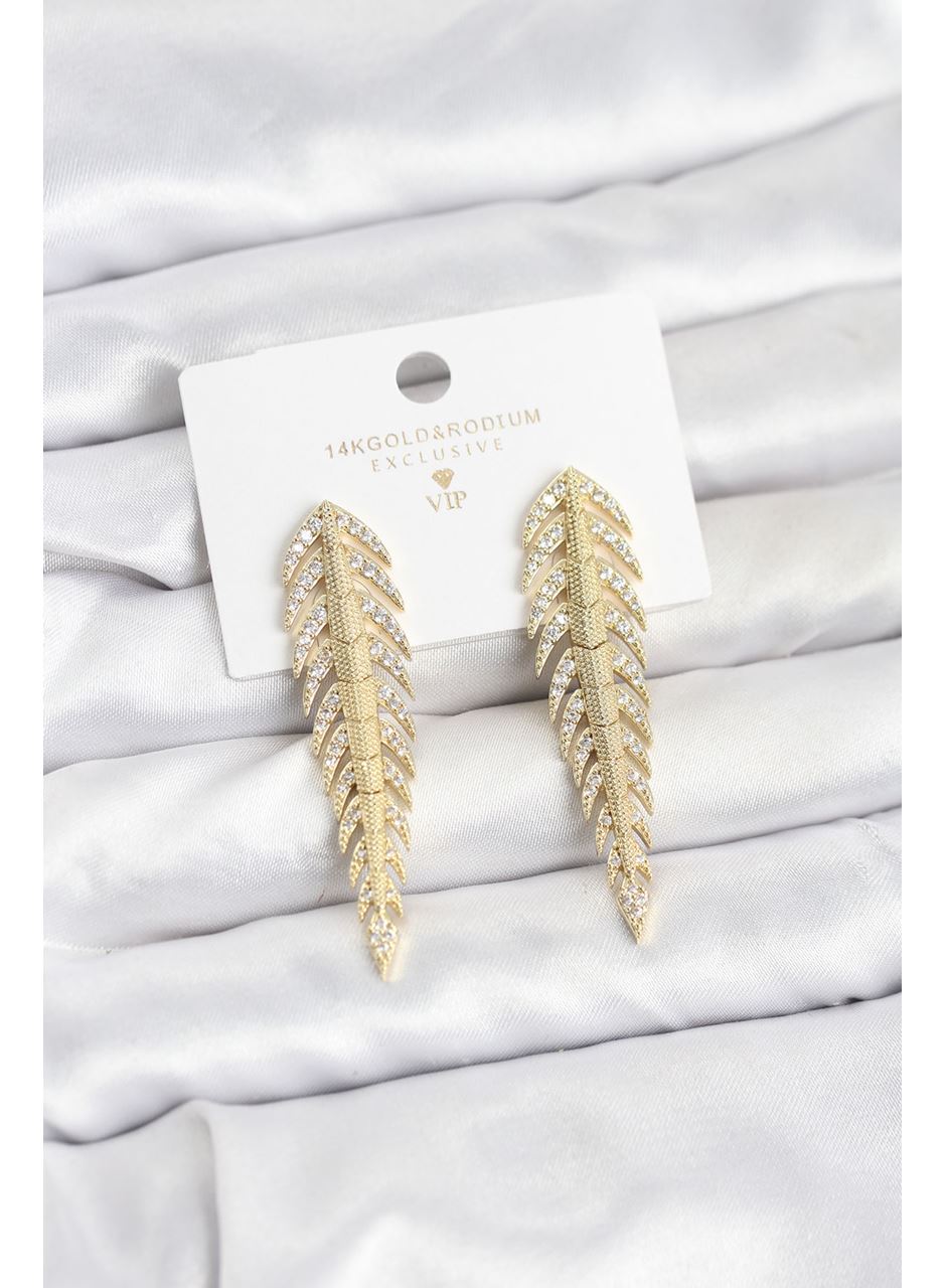 Pirinç Gold Renk Balık Sırtı Model Zirkon Taşlı Kadın Küpe