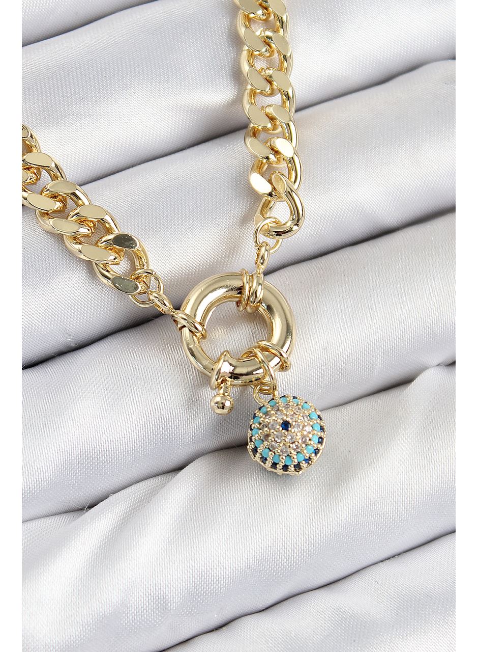 Pirinç Zirkon Taşlı Nazar Boncuk Detaylı Klasik Zincir Model Gold Renk Kadın Kolye