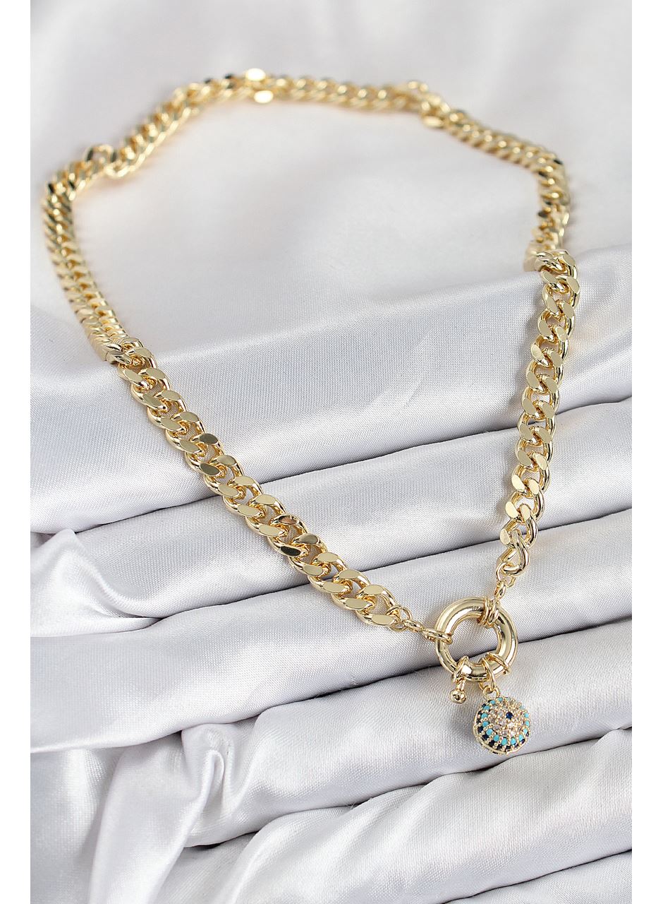 Pirinç Zirkon Taşlı Nazar Boncuk Detaylı Klasik Zincir Model Gold Renk Kadın Kolye