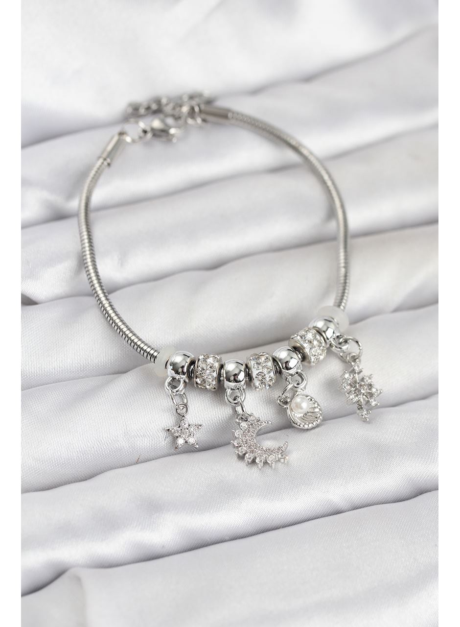 Pirinç Gümüş Renk Ay Charm Model Charmlı Kadın Bileklik