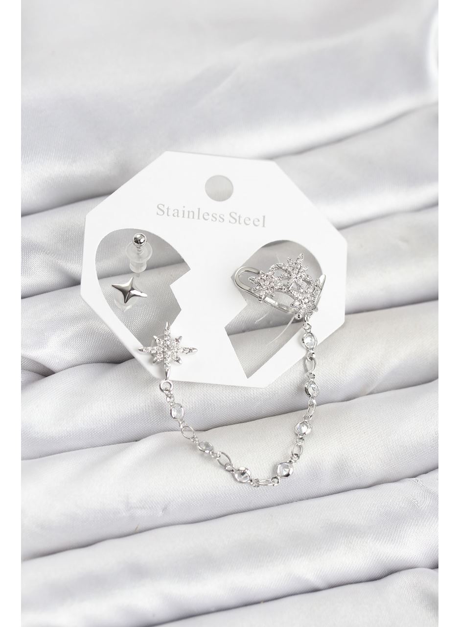 Kutup Yıldızı Model Pirinç Gümüş Renk Zincir Bağlantılı Ear Cuff Küpe Seti